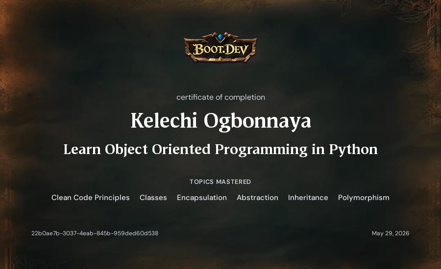 Kelechi Ogbonnaya's Boot.dev Learn Object Oriented Programming in Python certificate