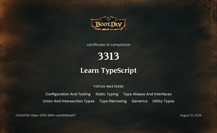 3313's Boot.dev Learn TypeScript certificate