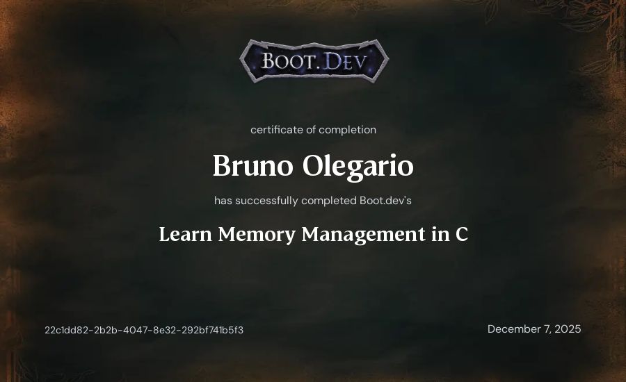 Bruno Olegario's Boot.dev Learn Memory Management in C certificate