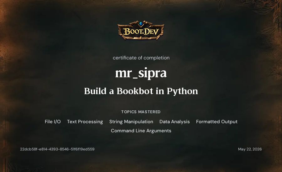 mr_sipra's Boot.dev Build a BookBot in Python certificate