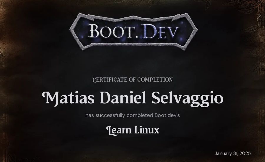 Matias Daniel Selvaggio's Boot.dev Learn Linux certificate