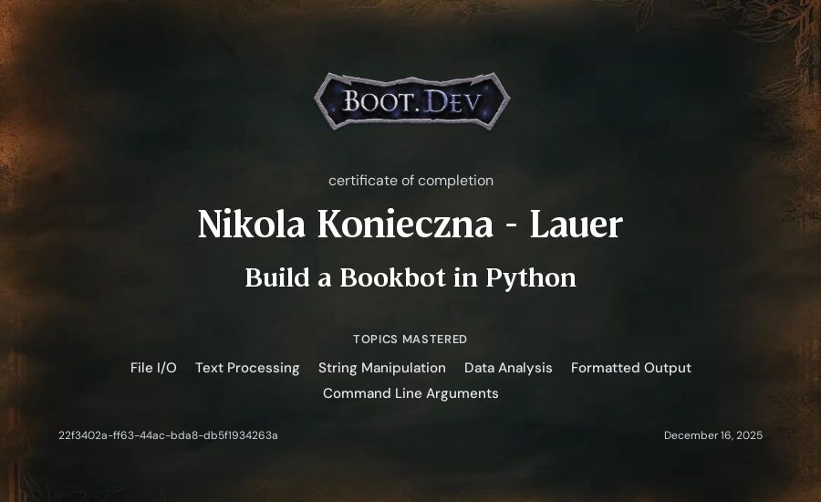Nikola Konieczna - Lauer's Boot.dev Build a BookBot in Python certificate
