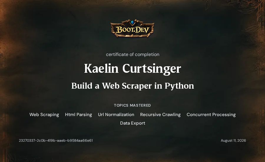 Kaelin Curtsinger's Boot.dev Build a Web Scraper in Python certificate