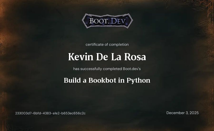 Kevin De La Rosa's Boot.dev Build a BookBot in Python certificate