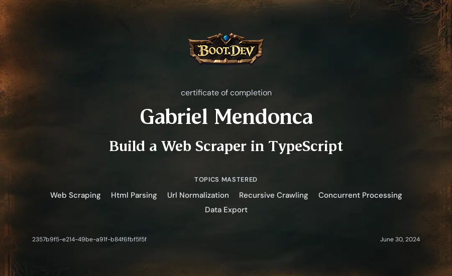 Gabriel Mendonca's Boot.dev Build a Web Scraper in TypeScript certificate