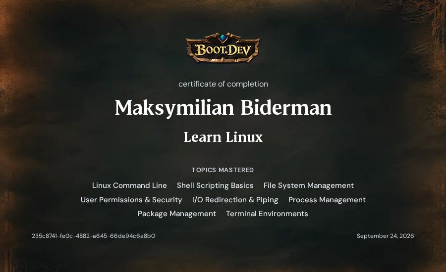 Maksymilian Biderman's Boot.dev Learn Linux certificate
