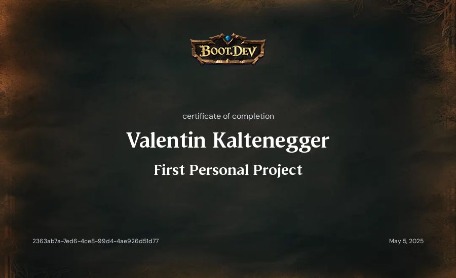 Valentin Kaltenegger's Boot.dev First Personal Project certificate