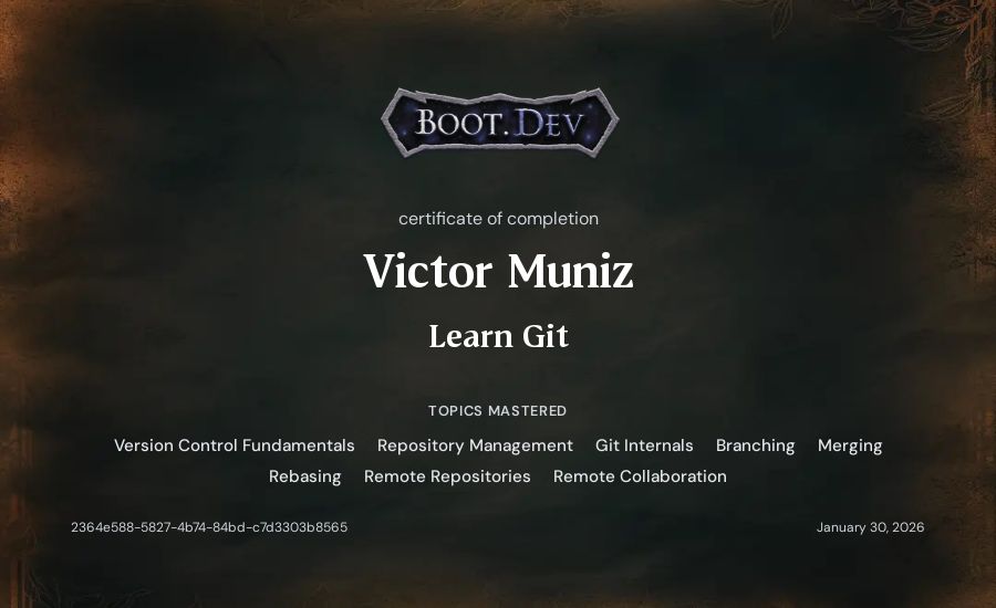 Victor Muniz's Boot.dev Learn Git certificate