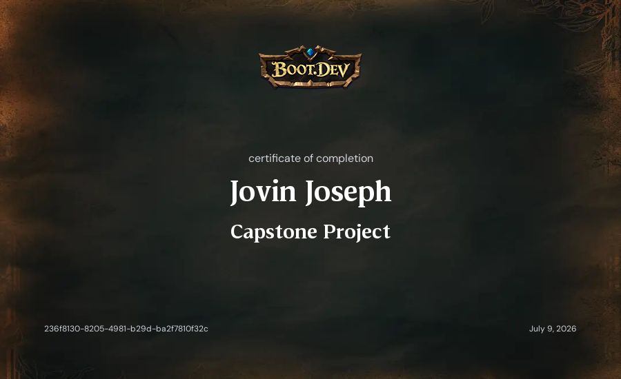 Jovin Joseph's Boot.dev Capstone Project certificate