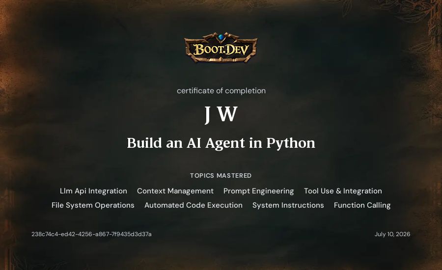 J W's Boot.dev Build an AI Agent in Python certificate