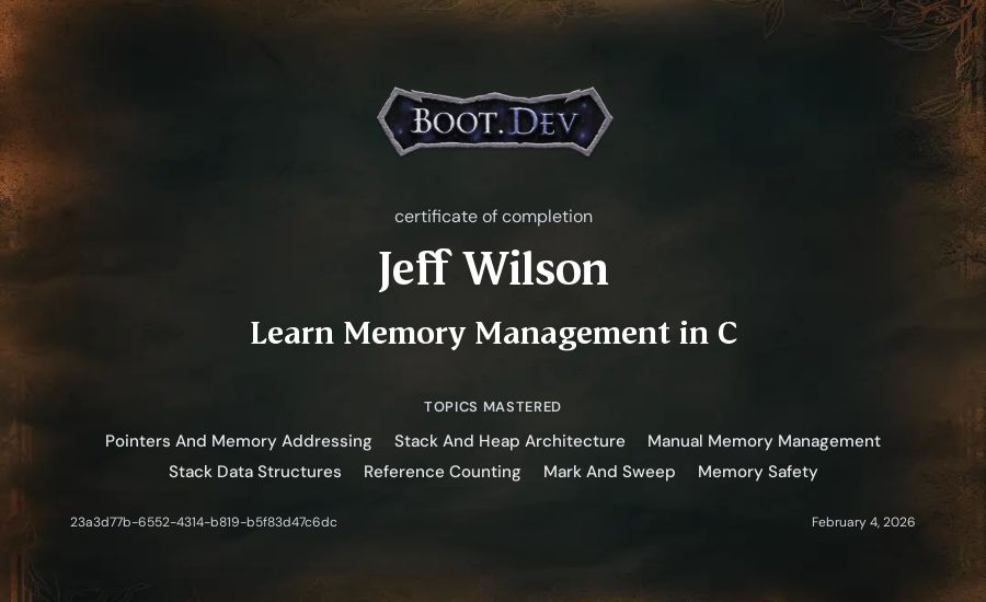 Jeff Wilson's Boot.dev Learn Memory Management in C certificate