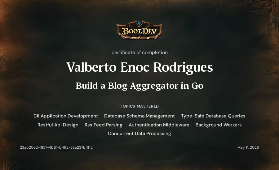 Valberto Enoc Rodrigues's Boot.dev Build a Blog Aggregator in Go certificate