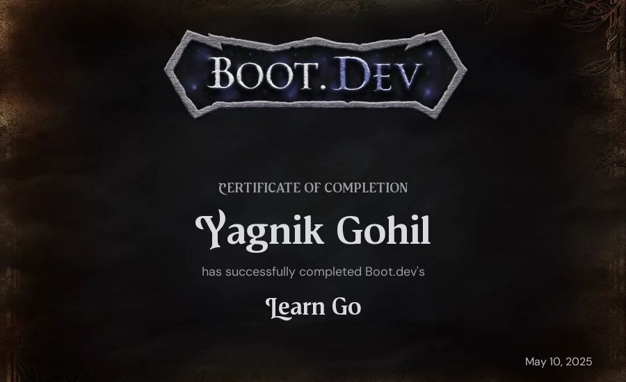Yagnik Gohil's Boot.dev Learn Go certificate