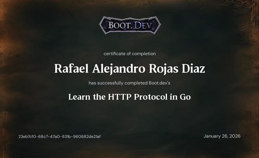 Rafael Alejandro Rojas Diaz's Boot.dev Learn the HTTP Protocol in Go certificate