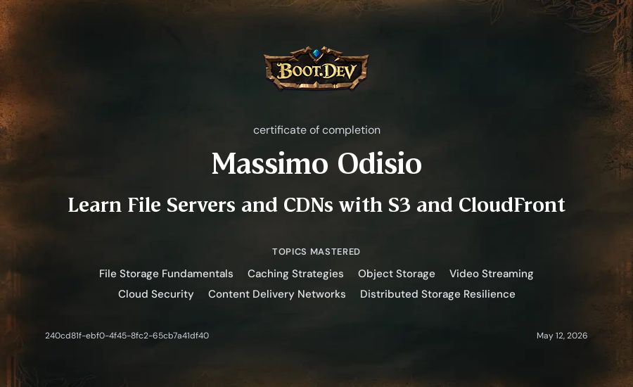 Massimo Odisio's Boot.dev Learn File Servers and CDNs with S3 and CloudFront certificate