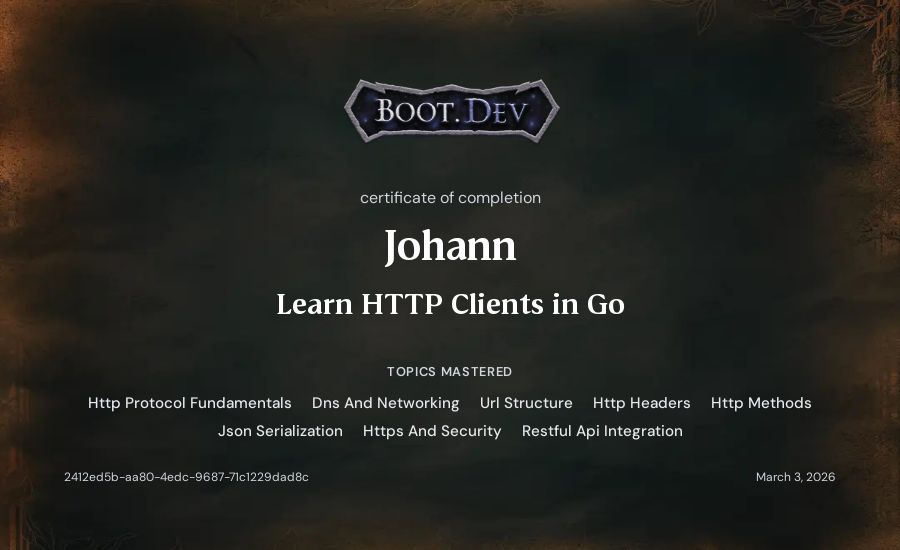 Johann's Boot.dev Learn HTTP Clients in Go certificate