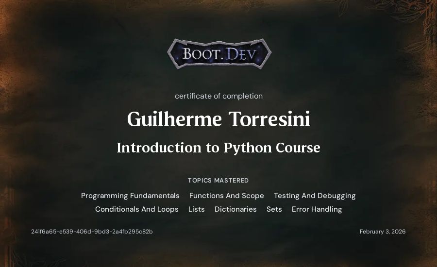 Guilherme Torresini's Boot.dev Introduction to Python Course certificate