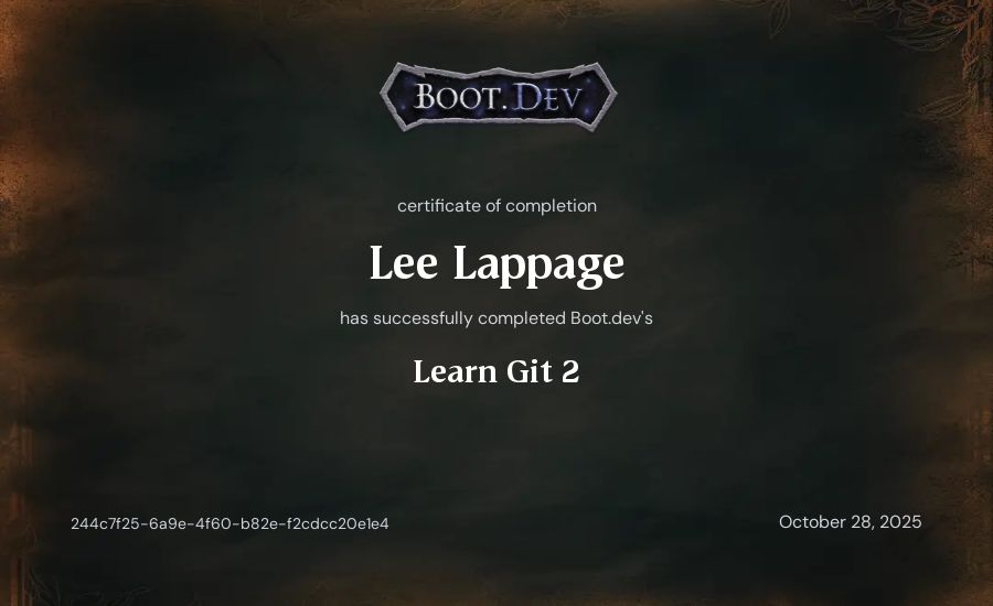 Lee Lappage's Boot.dev Learn Git 2 certificate