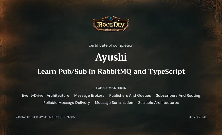 Ayushi's Boot.dev Learn Pub/Sub in RabbitMQ and TypeScript certificate
