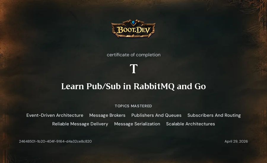 T's Boot.dev Learn Pub/Sub in RabbitMQ and Go certificate