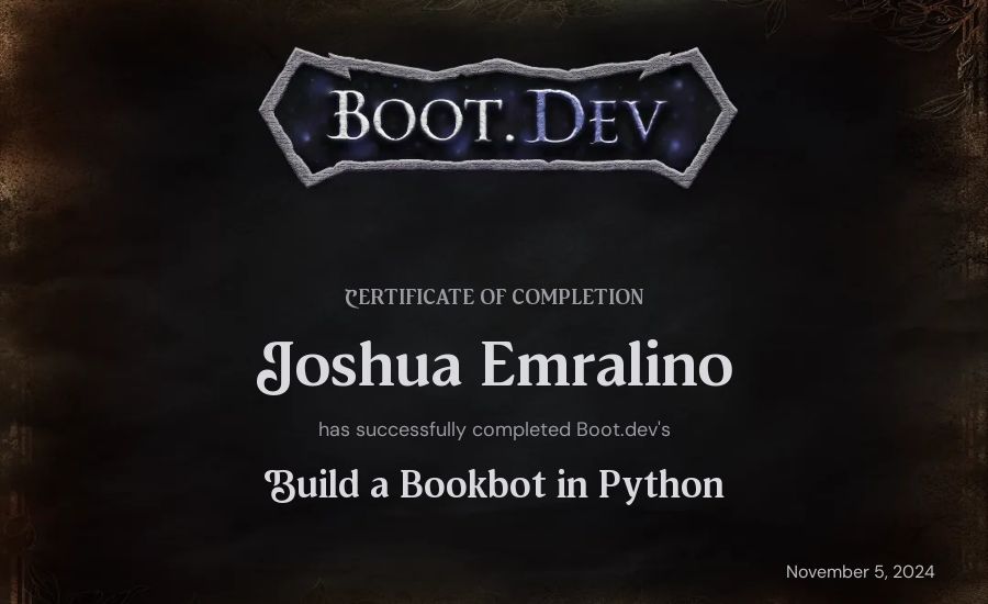 Joshua Emralino's Boot.dev Build a BookBot in Python certificate