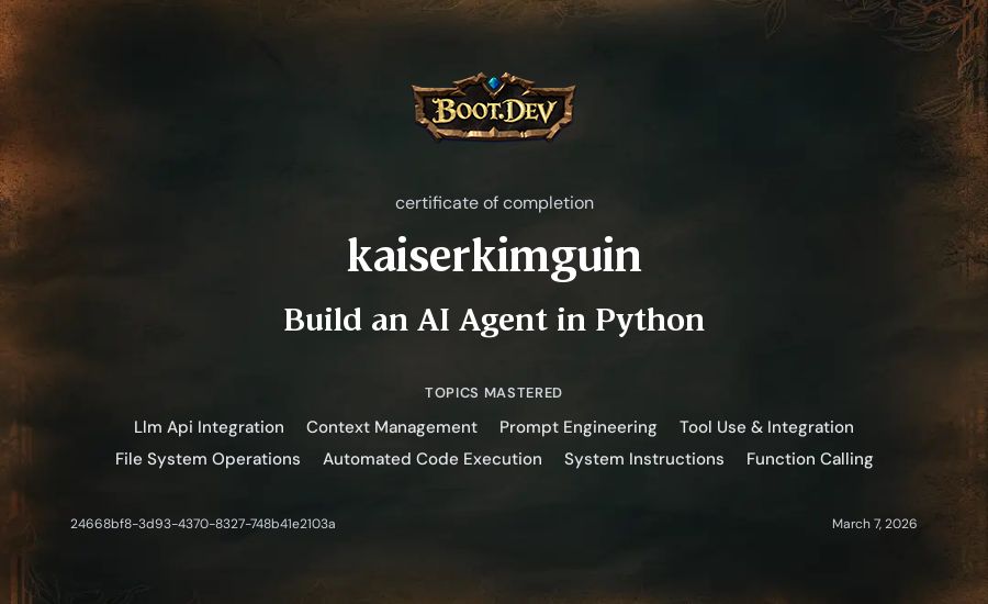 kaiserkimguin's Boot.dev Build an AI Agent in Python certificate