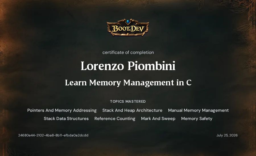 Lorenzo Piombini's Boot.dev Learn Memory Management in C certificate