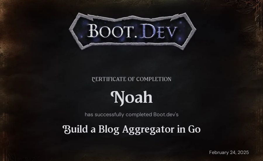 Noah's Boot.dev Build a Blog Aggregator in Go certificate