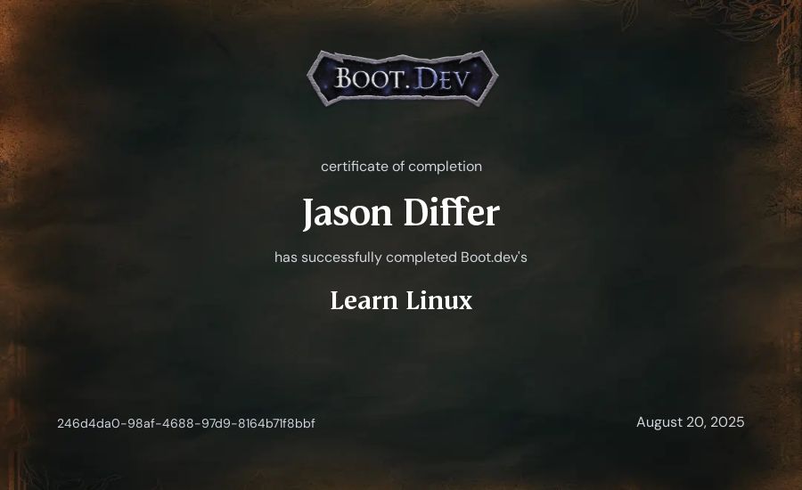 Jason Differ's Boot.dev Learn Linux certificate