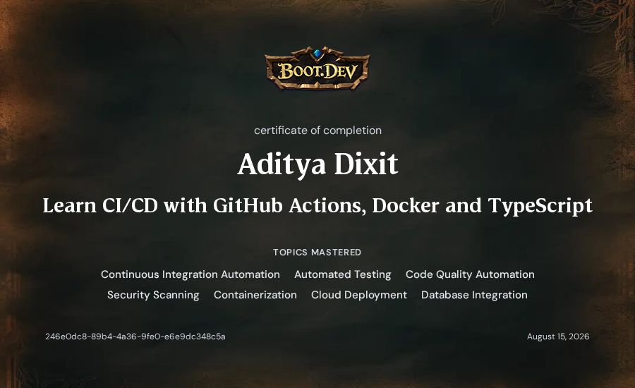 Aditya Dixit's Boot.dev Learn CI/CD with GitHub Actions, Docker and TypeScript certificate