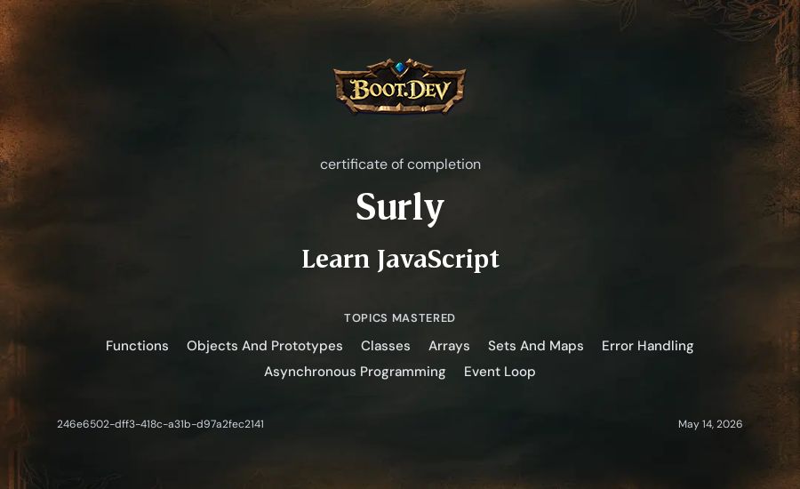 Surly's Boot.dev Learn JavaScript certificate