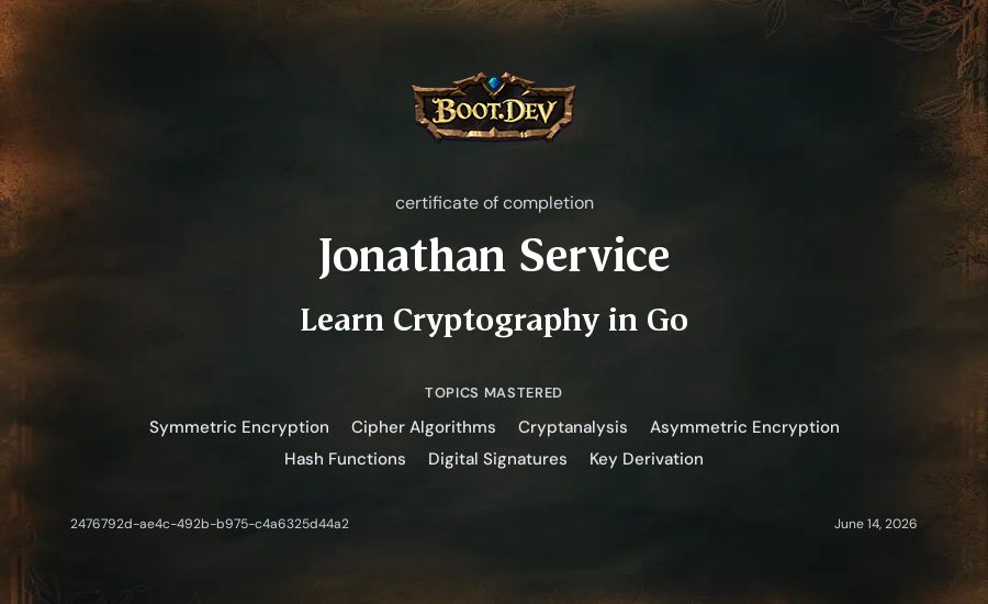 Jonathan Service's Boot.dev Learn Cryptography in Go certificate