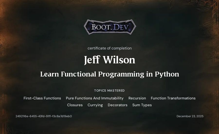 Jeff Wilson's Boot.dev Learn Functional Programming in Python certificate