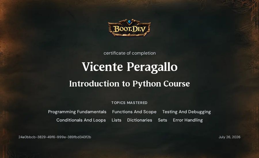 Vicente Peragallo's Boot.dev Introduction to Python Course certificate