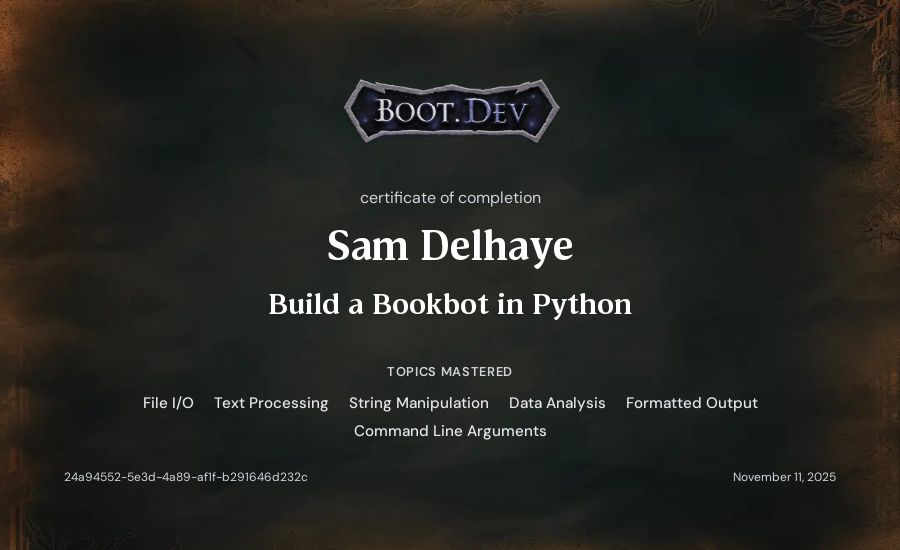 Sam Delhaye's Boot.dev Build a BookBot in Python certificate