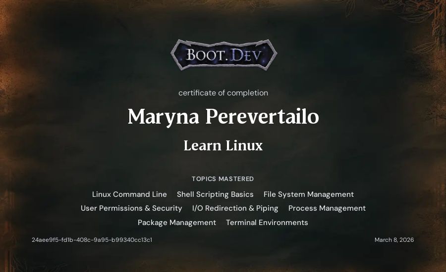 Maryna Perevertailo's Boot.dev Learn Linux certificate