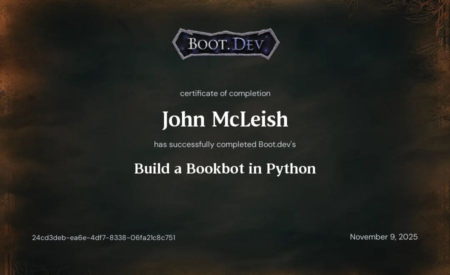 John McLeish's Boot.dev Build a BookBot in Python certificate