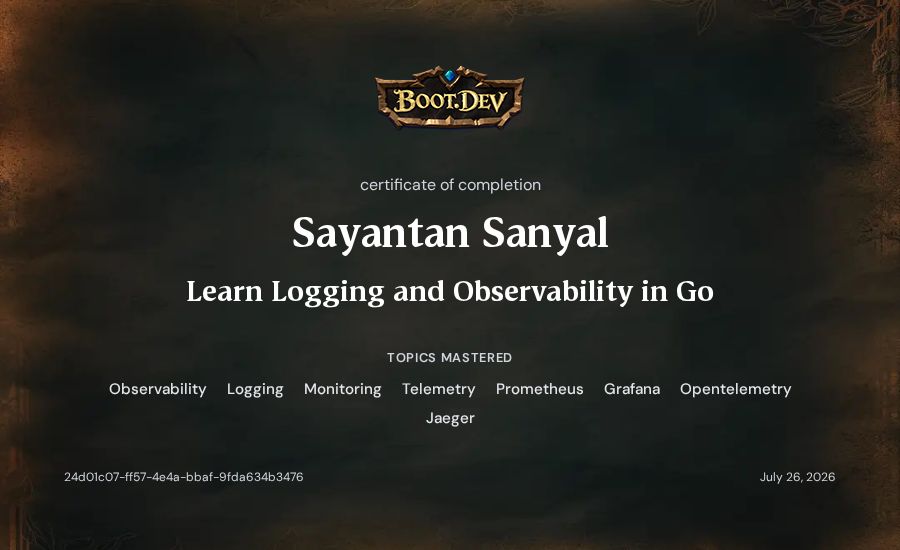 Sayantan Sanyal's Boot.dev Learn Logging and Observability in Go certificate