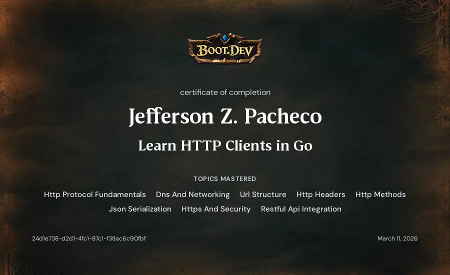 Jefferson Z. Pacheco's Boot.dev Learn HTTP Clients in Go certificate