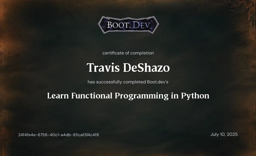 Travis DeShazo's Boot.dev Learn Functional Programming in Python certificate