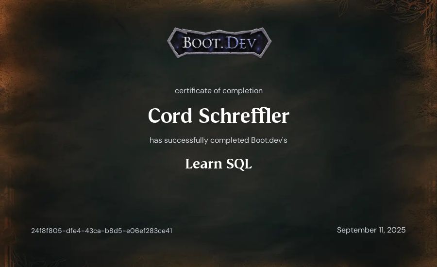 Cord Schreffler's Boot.dev Learn SQL certificate