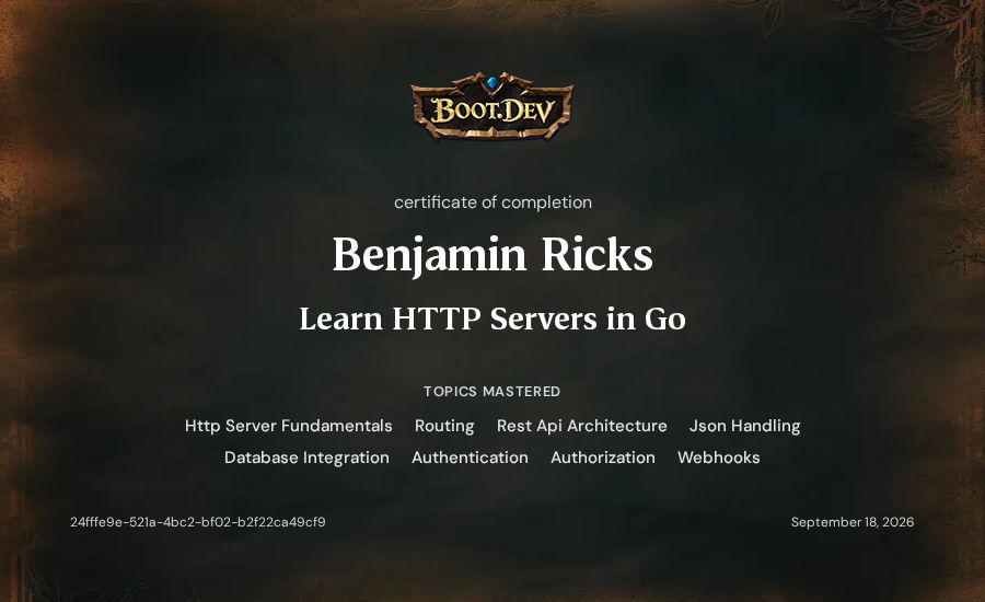 Benjamin Ricks's Boot.dev Learn HTTP Servers in Go certificate