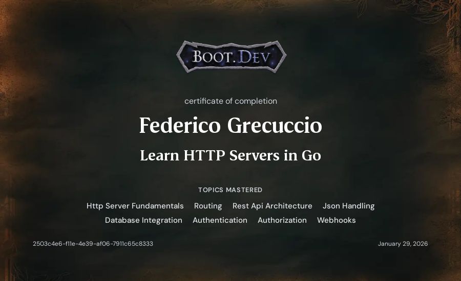 Federico Grecuccio's Boot.dev Learn HTTP Servers in Go certificate