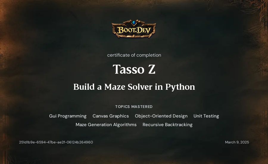 Tasso Z's Boot.dev Build a Maze Solver in Python certificate