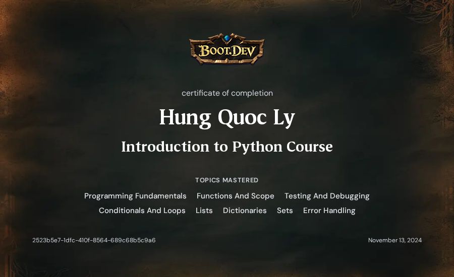Hung Quoc Ly's Boot.dev Introduction to Python Course certificate