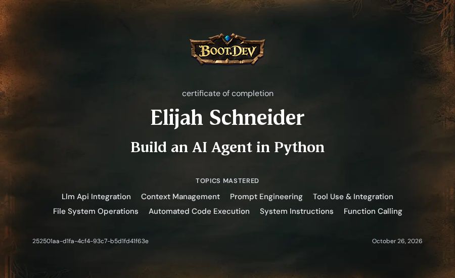 Elijah Schneider's Boot.dev Build an AI Agent in Python certificate