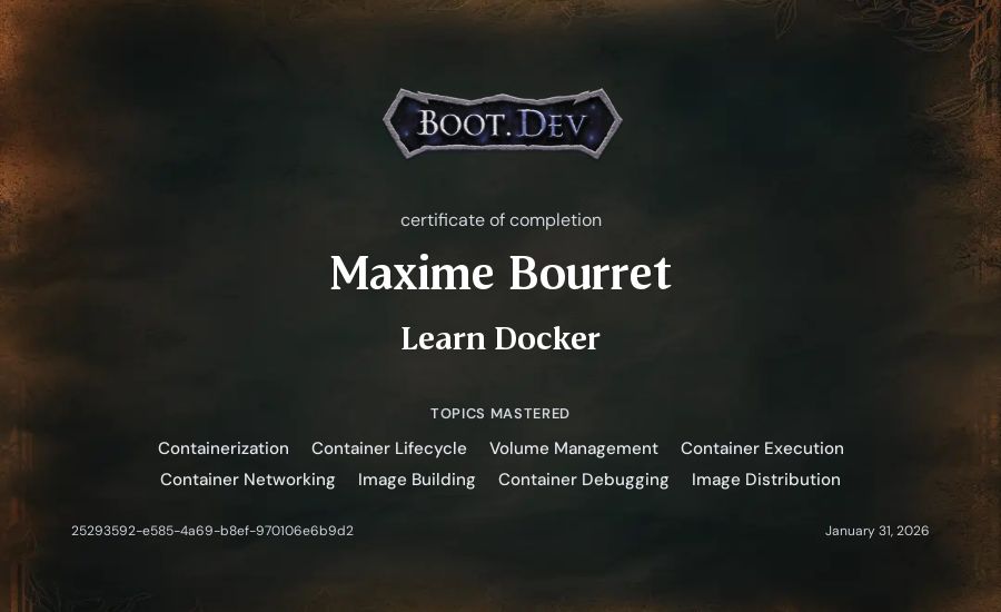Maxime Bourret's Boot.dev Learn Docker certificate