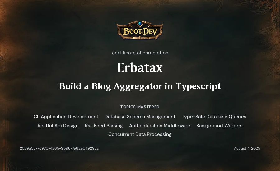 Erbatax's Boot.dev Build a Blog Aggregator in TypeScript certificate
