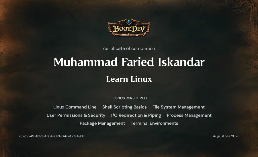 Muhammad Faried Iskandar's Boot.dev Learn Linux certificate