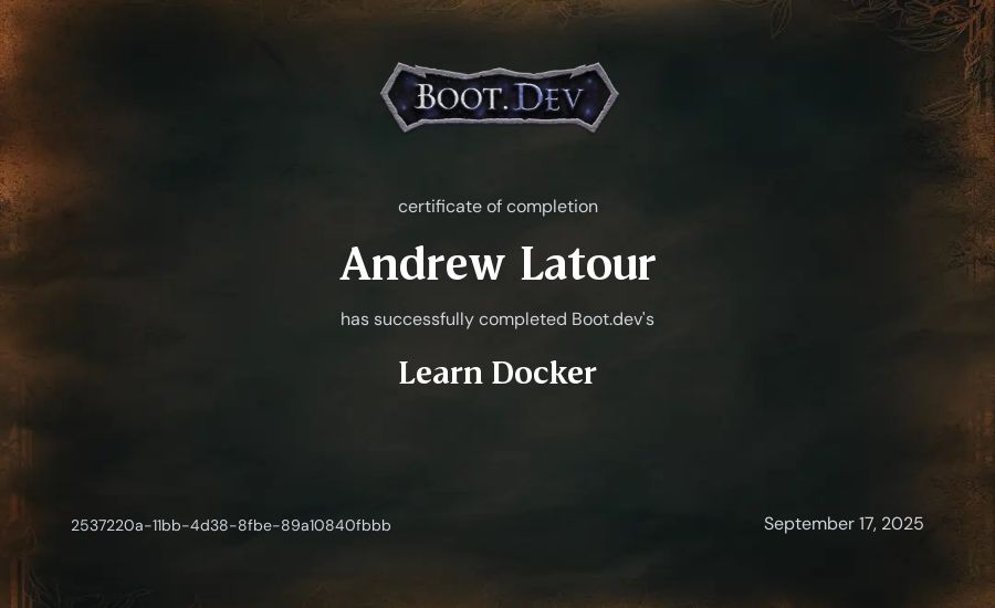 Andrew Latour's Boot.dev Learn Docker certificate
